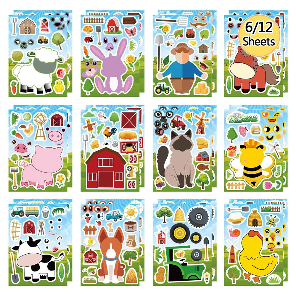 6/12Sheets Children Make a Face DIY Animals Puzzle Stickers Create your own Cat Pig Cow Ki