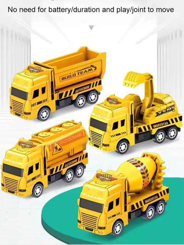 הציתו את הדמיון של הילדים עם מארז 4 רכבי בנייה עוצמתיים! הסט כולל משאיות, מנופים ורכבי הנד